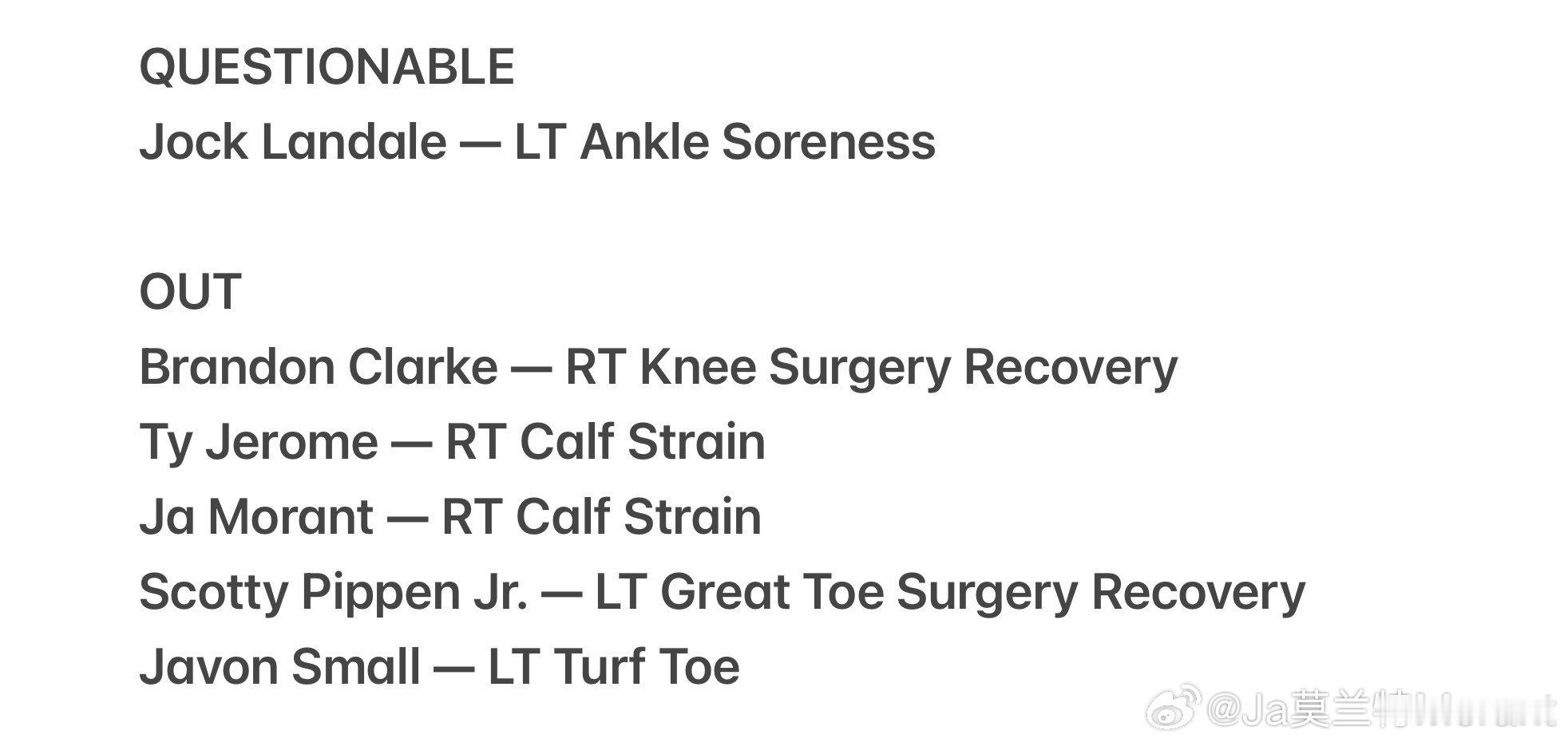 灰熊对阵马刺伤病名单，莫兰特依旧打不了。