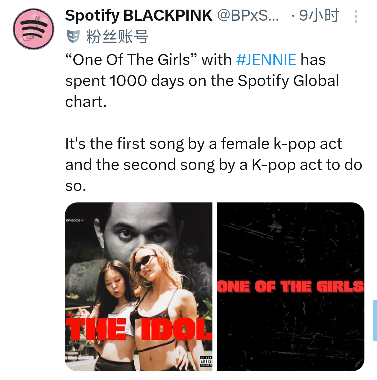 BLACKPINK 「One Of The Girls」Spotify全球单曲榜
