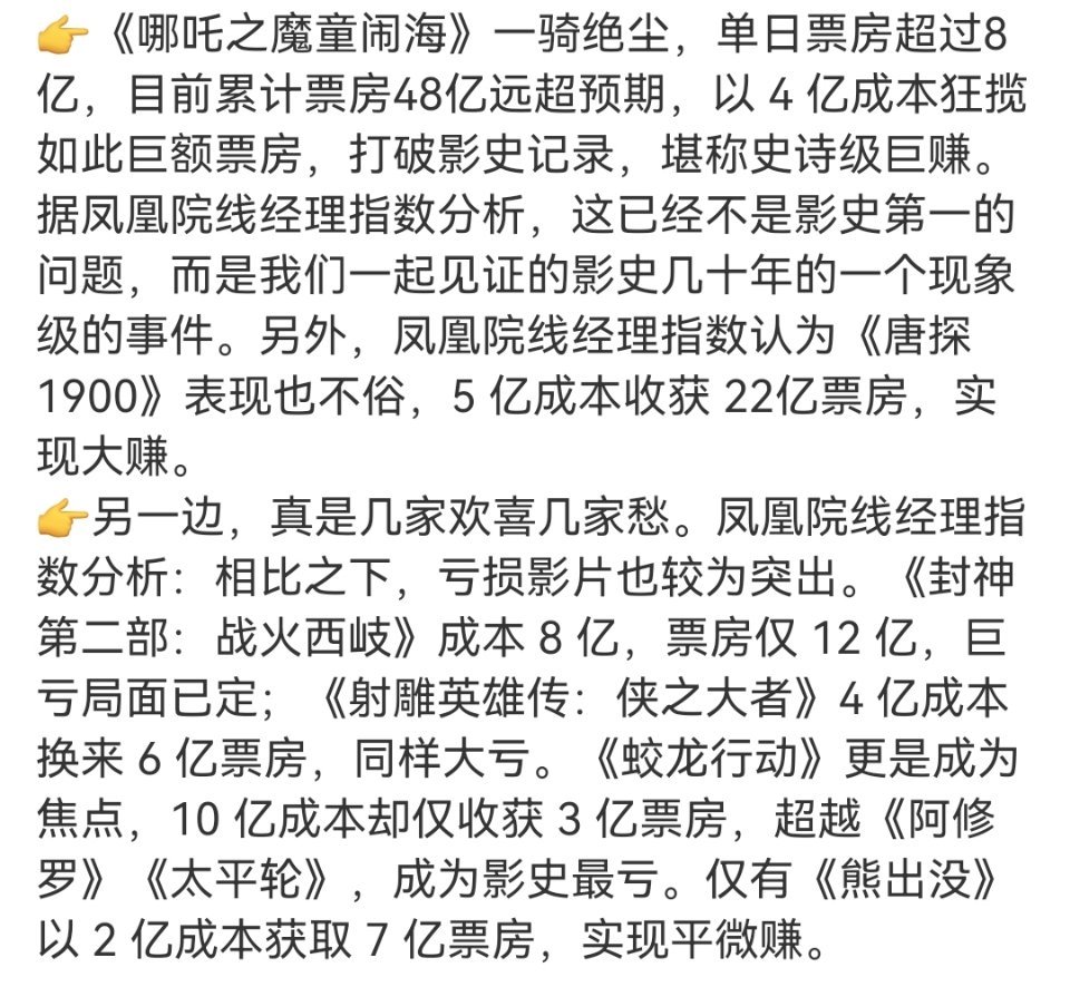 凤凰网发的春节档电影盈亏，封神射雕蛟龙血亏。。。尤其是蛟龙。。。怪不得于冬发大疯