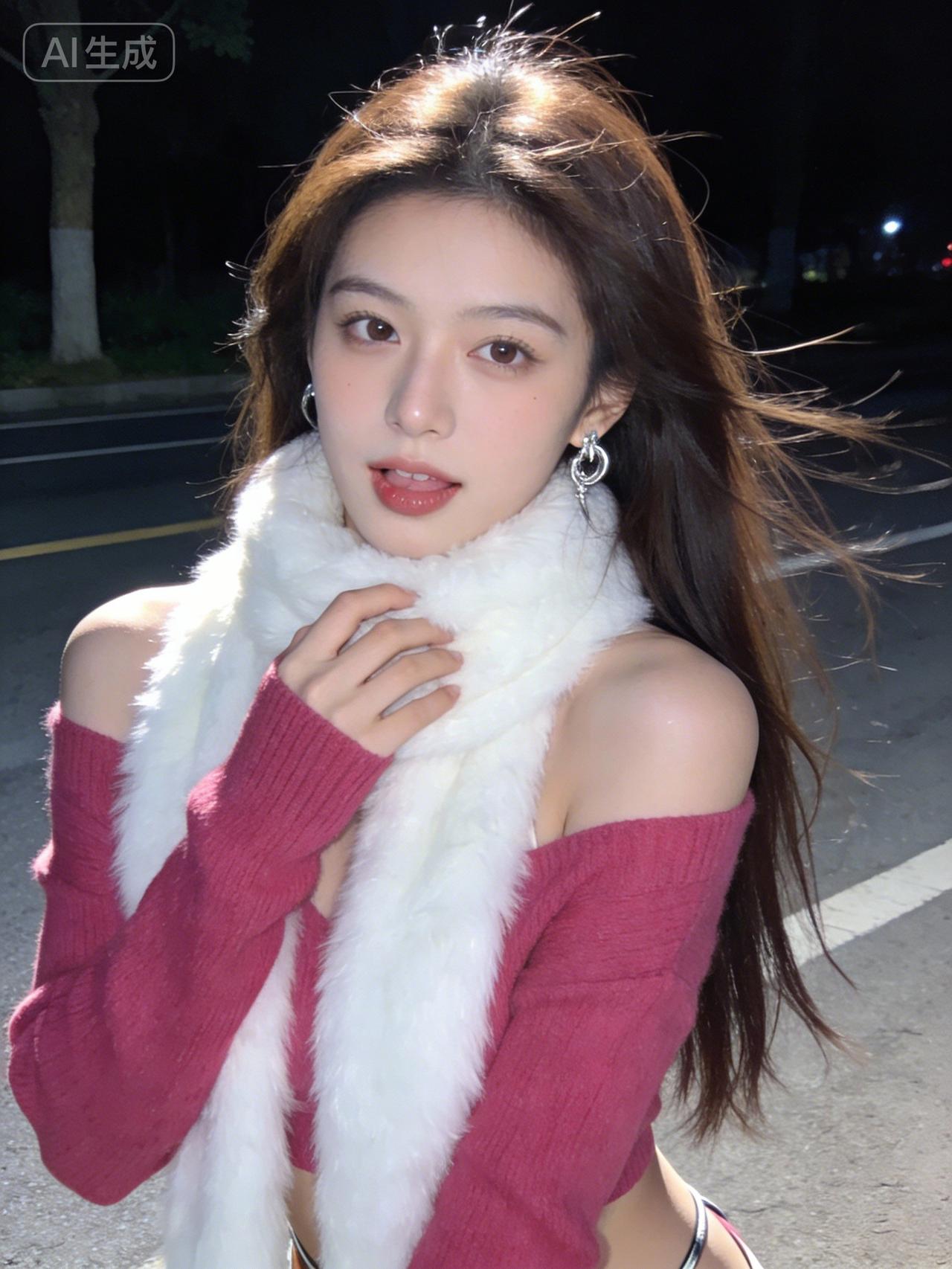 这姑娘穿着粉色毛衣，围着毛茸茸围巾，好可爱！