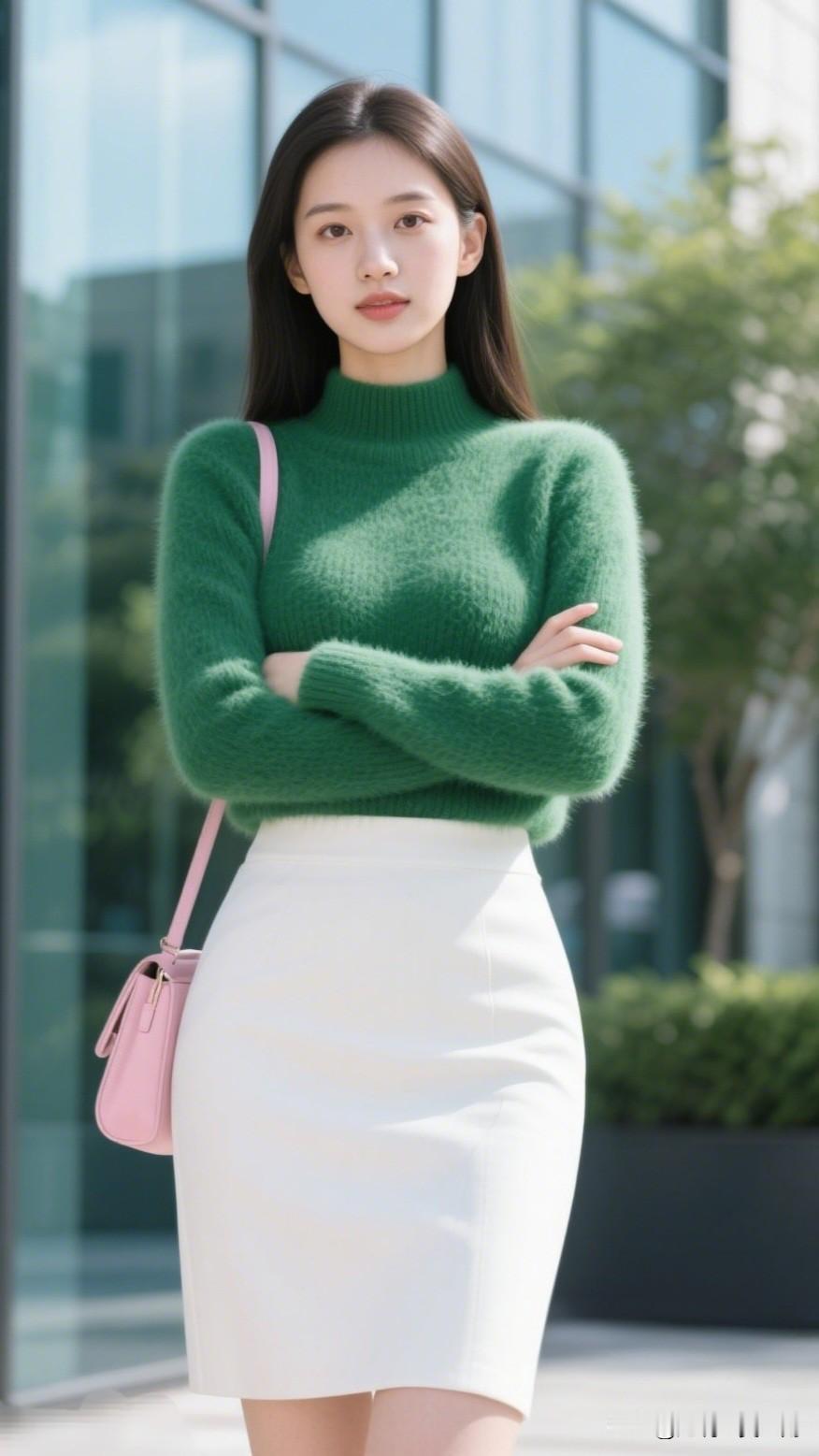 绿衣白裙，静立风中。随手拍生活中的美 冬日穿搭指南 绿毛衣+白短裙，清新又时尚，