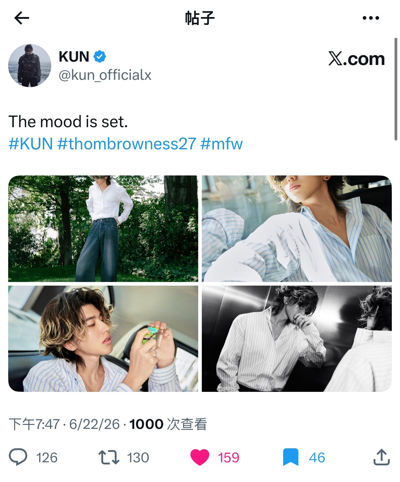 蔡徐坤  KUN 更新X The mood is set.蔡徐坤米兰时装周
