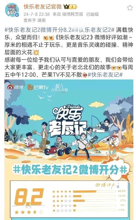 快乐老友记第二季微博开分8.2，说实话，这真不是一个好成绩！
快乐再出发以及快乐