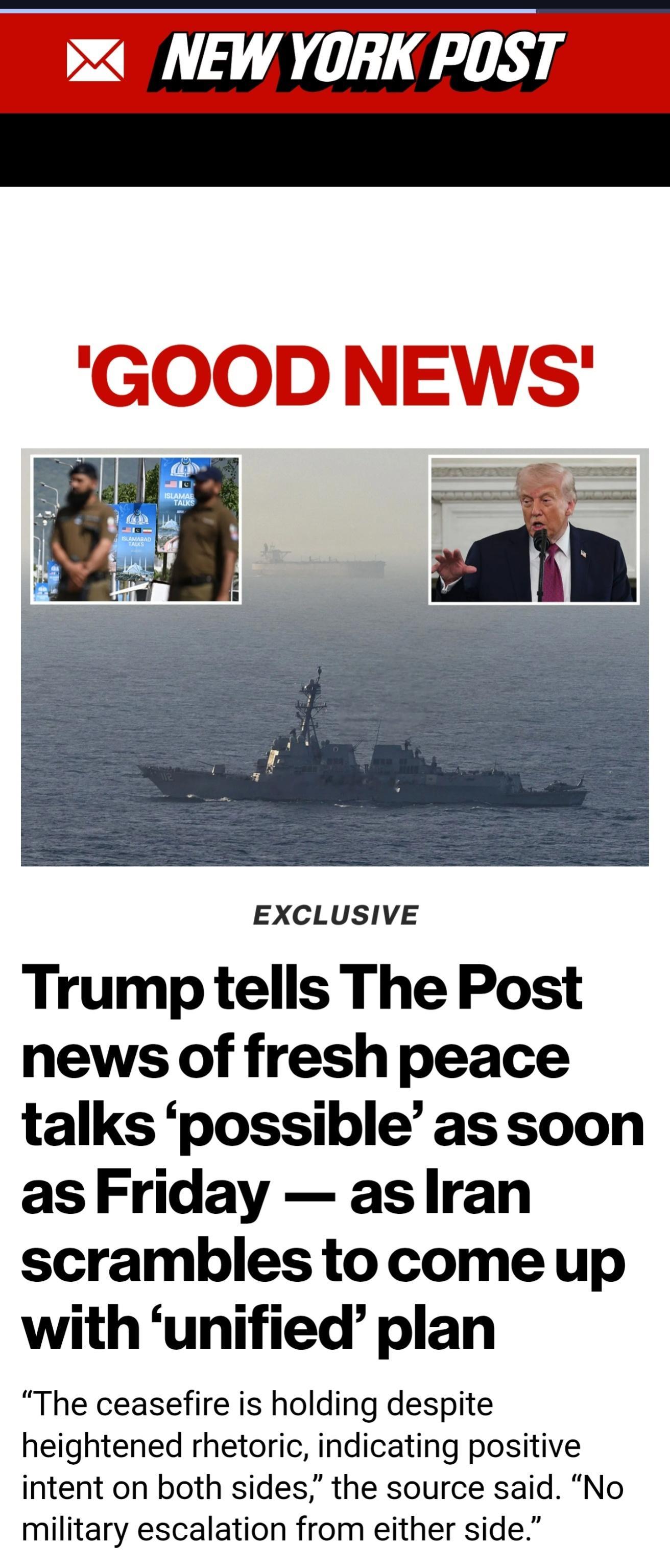 纽约邮报援引美国总统特朗普的短信称，特朗普表示，与伊朗的谈判“可能”在本周五开始