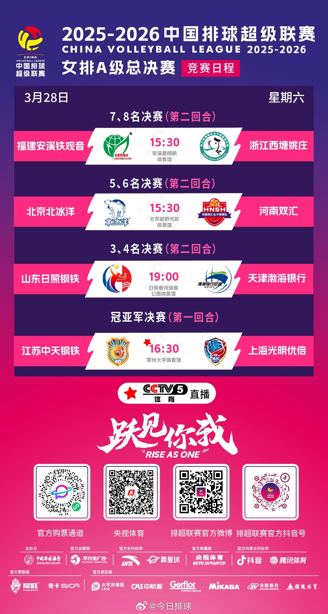 明天3月28日（六），2025-2026中国女排超级联赛 A级总决赛将展开冠亚军