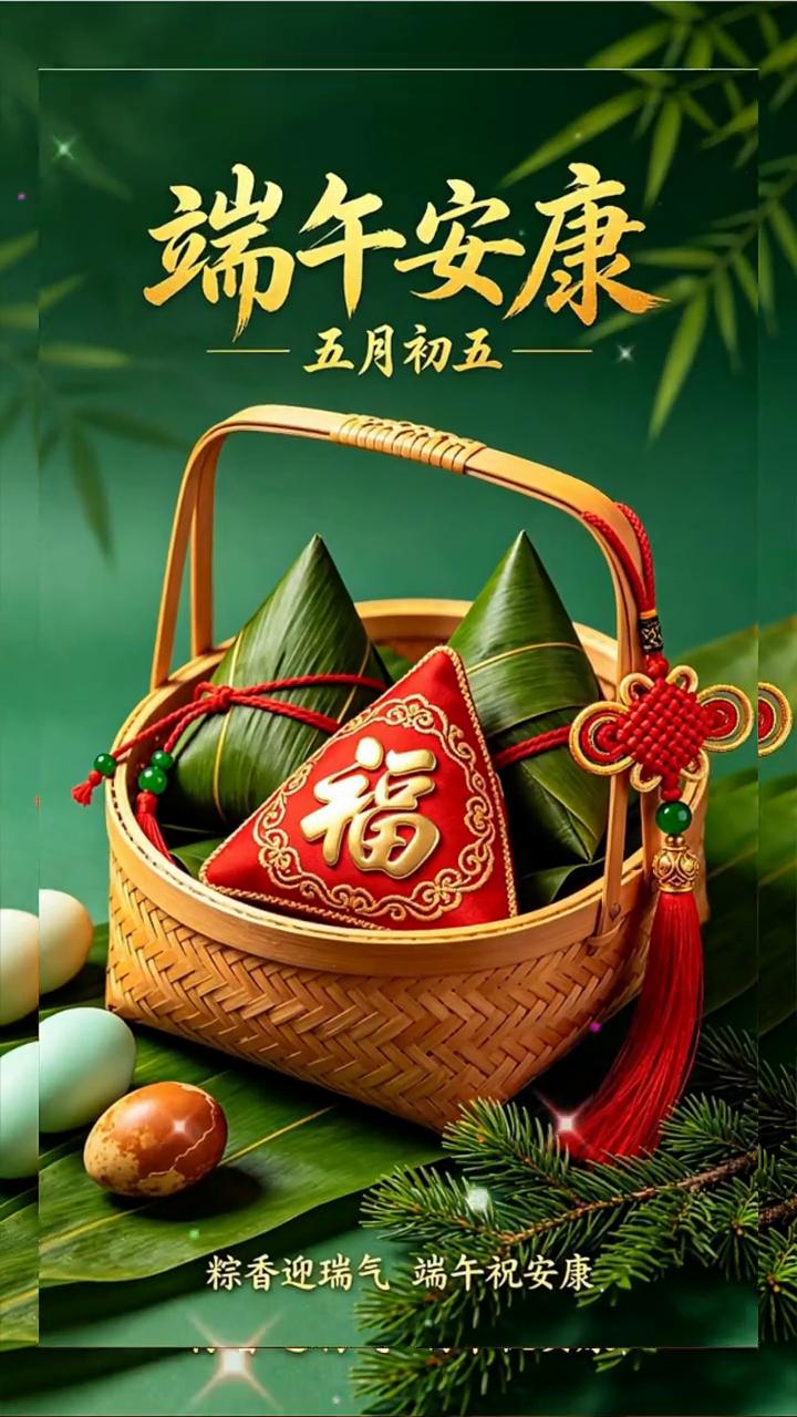 端午安康-五月初五。
粽香迎瑞气，端午祝安康。