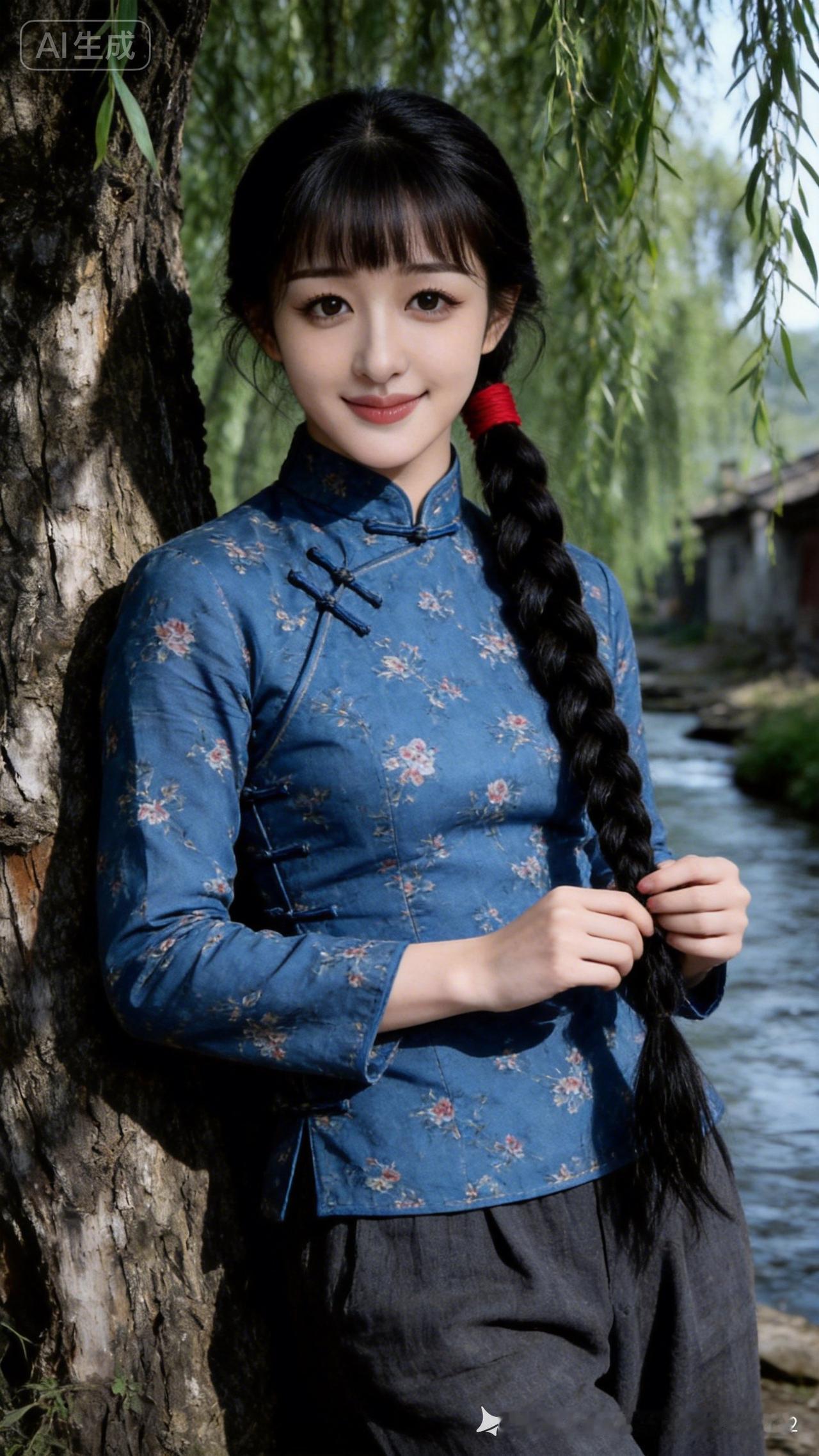古风少女，倚树而立，花枝招展，韵味十足。