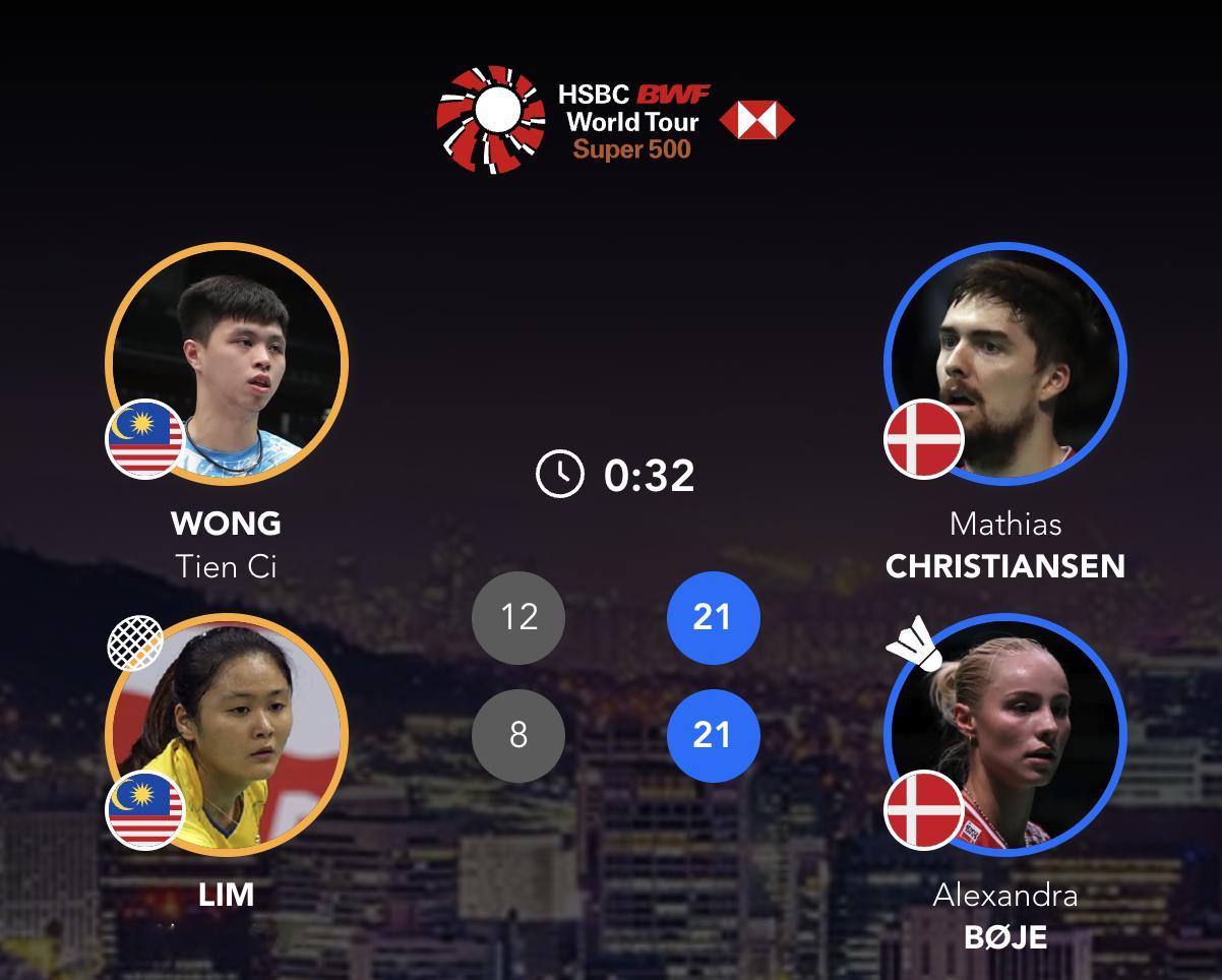 马蒂亚斯/博尔🇩🇰 21-12、21-8 🇲🇾黄天启/林秋仙下轮：马蒂亚
