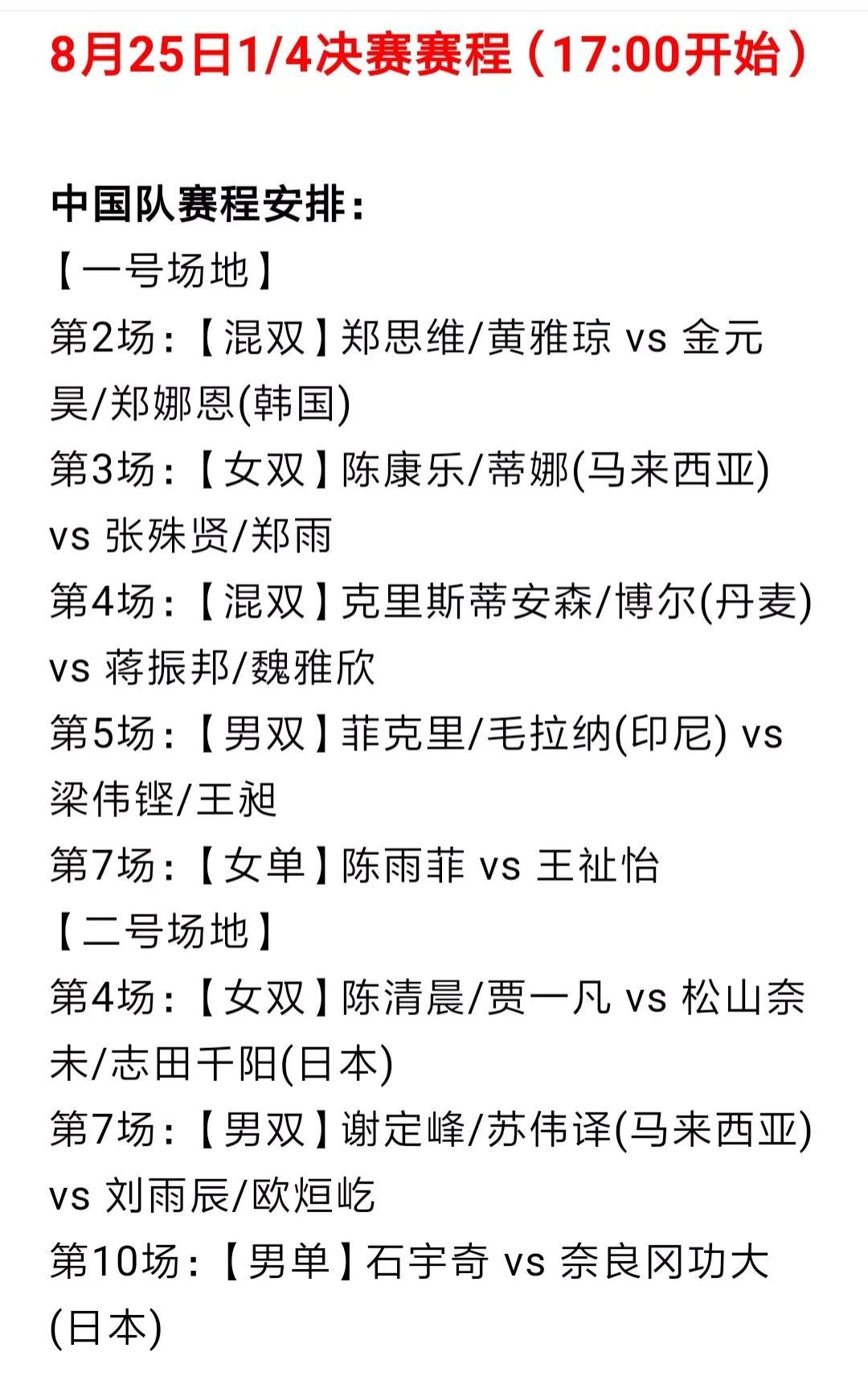羽毛球世锦赛 8月25日北京时间下午5点将举行1/4决赛，国羽队员对阵安排如附图
