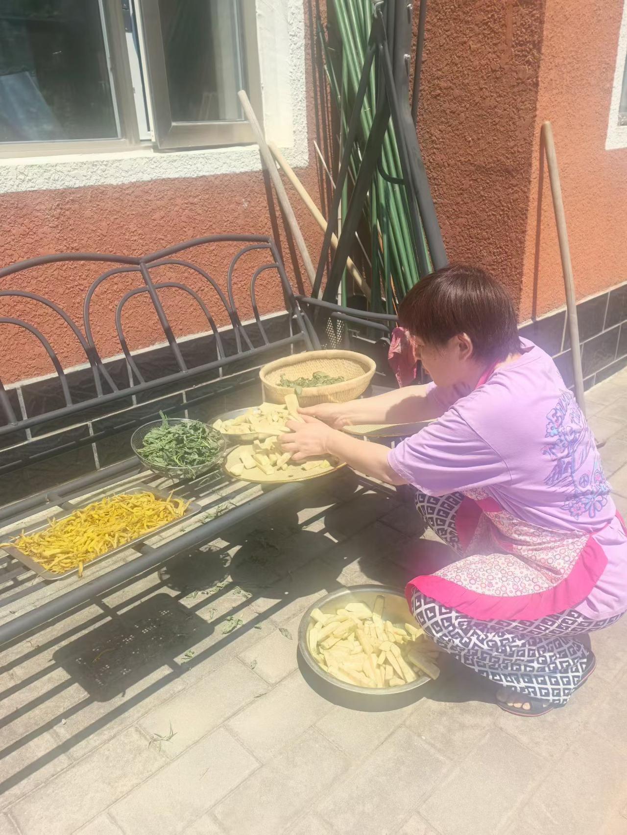 《晒粮与晒菜》
小时侯知道夏晒麦子秋晒谷。今天知道夏季晒菜。晒干的菜营养倍增，太