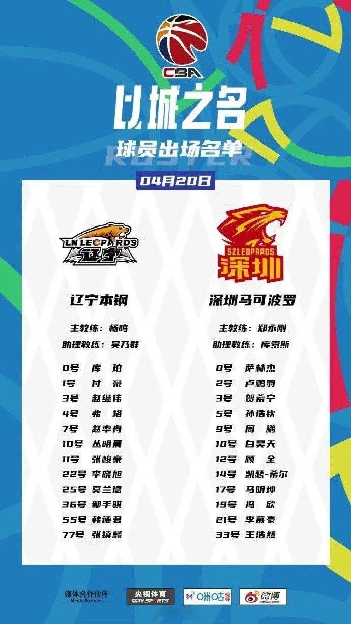 CBA季后赛1/4决赛，赛前，CBA官方公布了辽宁男篮vs深圳男篮G2大名单，沈