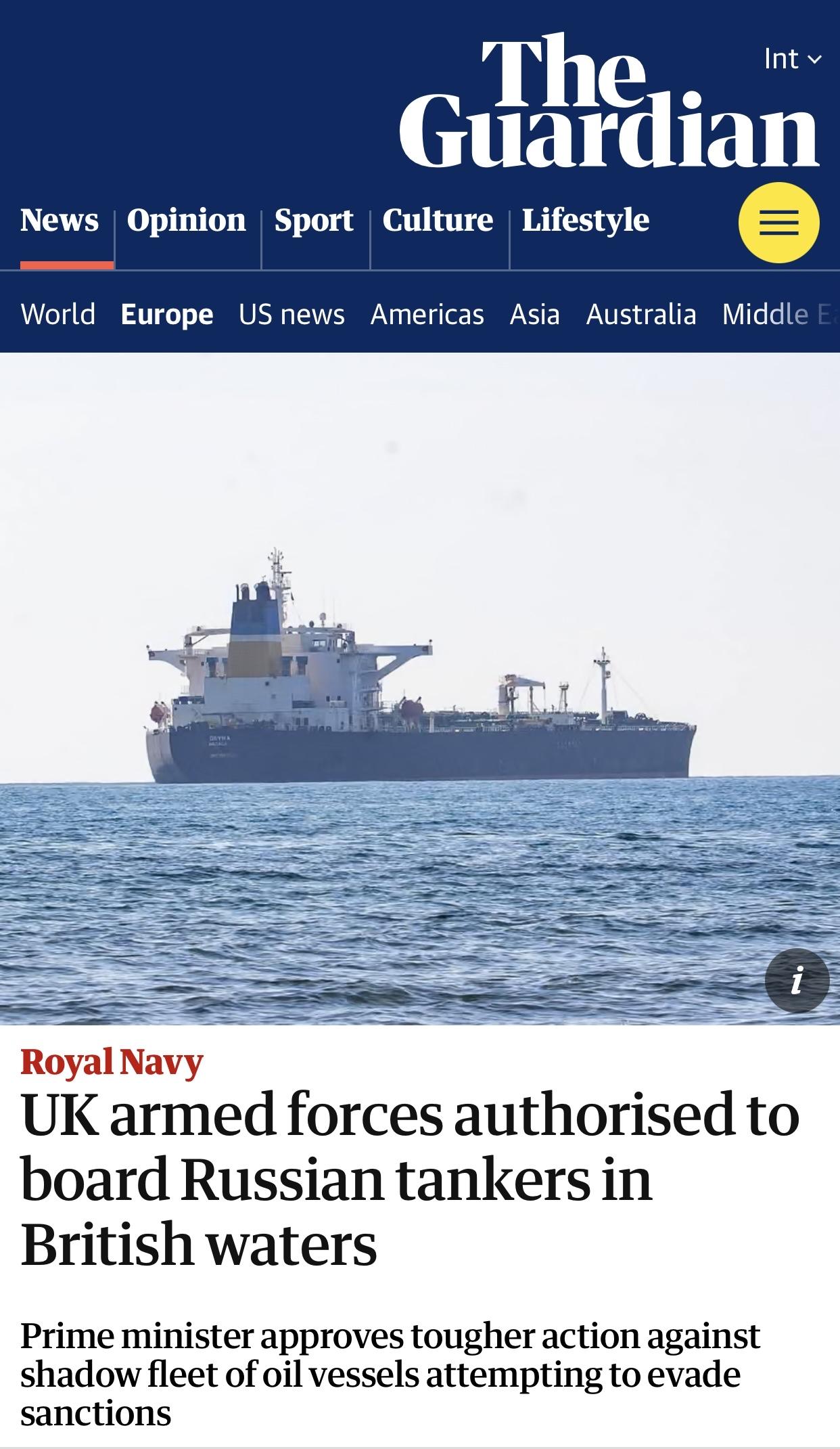 英媒：英国武装部队获准可在英国海域登上俄罗斯油轮检查

英国《卫报》官网当地时间