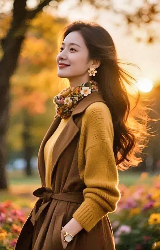 金晖漫洒，秋叶斑斓。风拂长发，暖阳轻吻笑靥。雏菊耳畔低语，花巾腕间生香。一袭暖黄