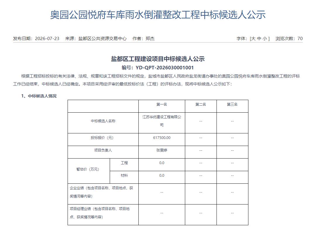 奥园公园悦府车库雨水倒灌整改工程中标候选人公示，江苏华优建设工程有限公司为唯一中