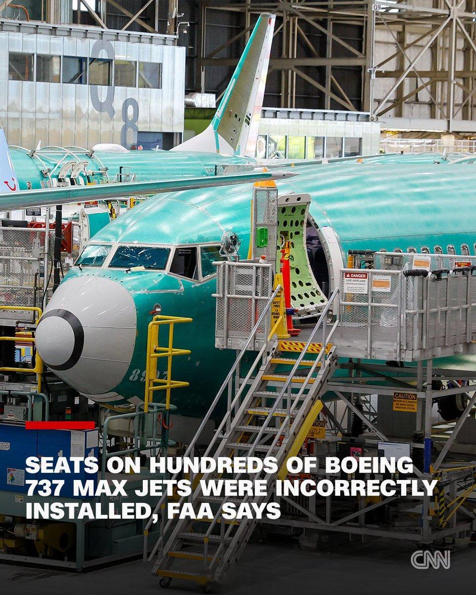美国联邦航空管理局表示，美国注册的数百架波音737 MAX喷气式飞机的座椅安装错