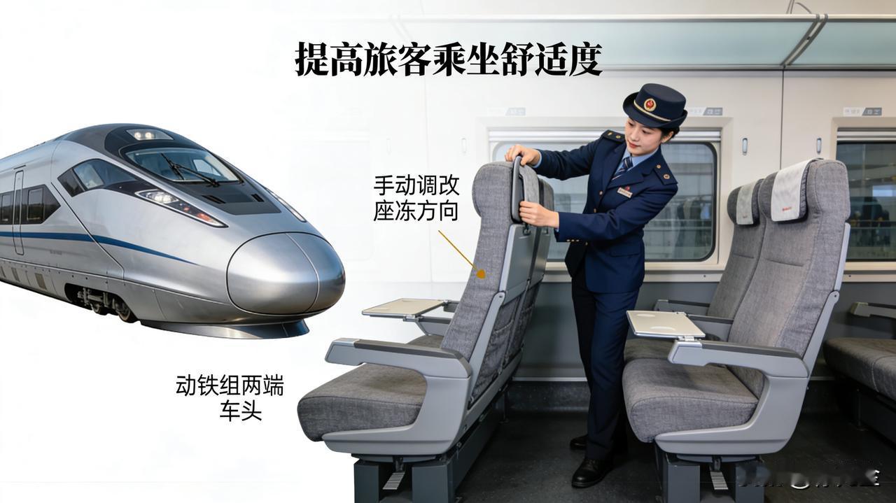 高铁座椅并不能在列车调头时自动调整方向，而是由列车员手动调整。这是因为动车组两端