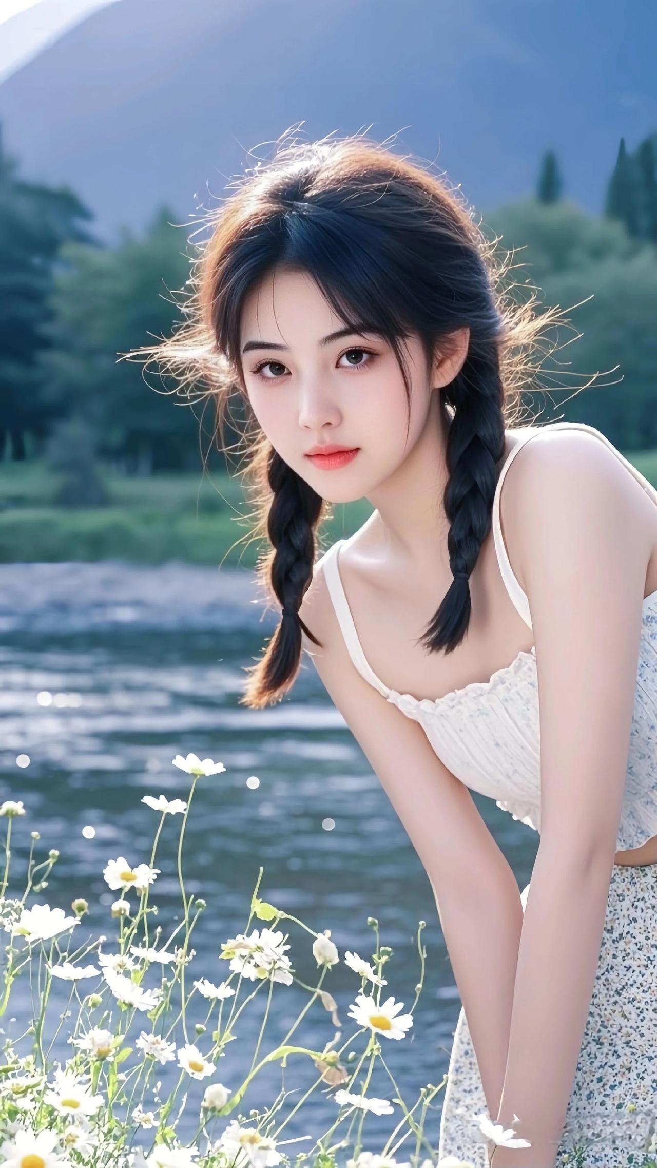 少女在湖边野餐，阳光洒满发梢，甜美动人街拍 高清美女