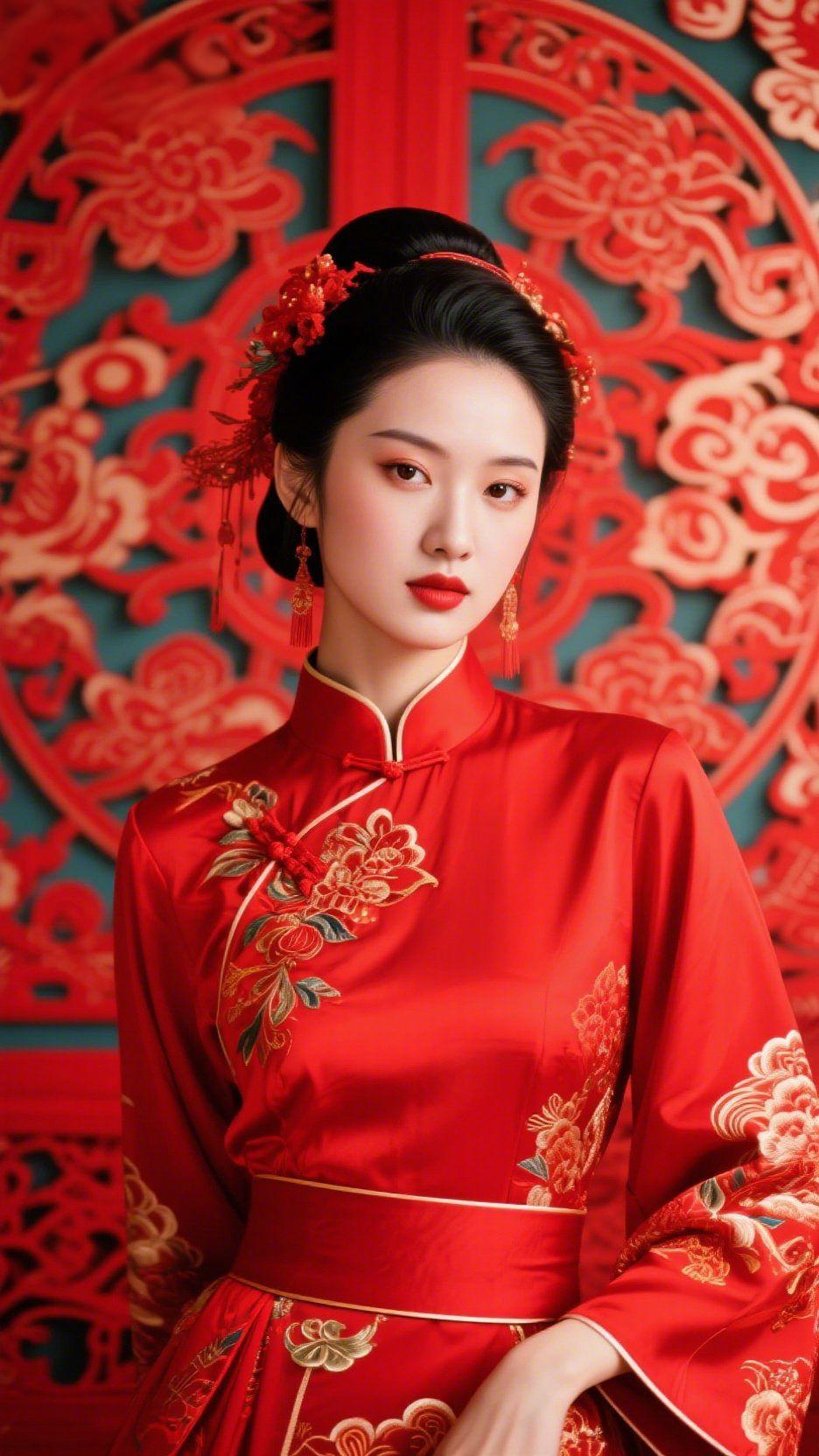 红妆诉风雅
 
朱红的缎面揉进千年的风雅，金线绣就的繁花在衣袂间婉转，似把江南的