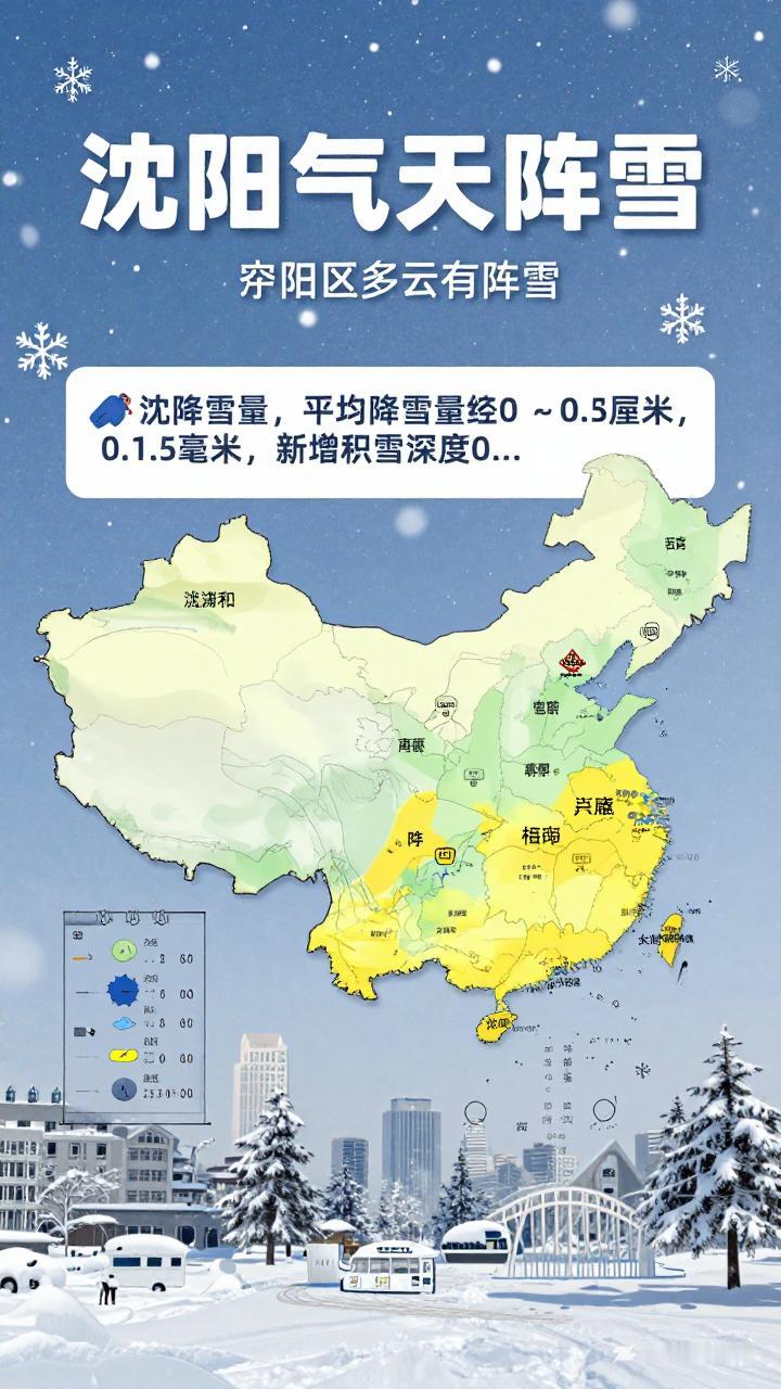 沈阳天气
预计10日傍晚至夜间，沈阳地区多云有阵雪，平均降雪量0.1～0.5毫米