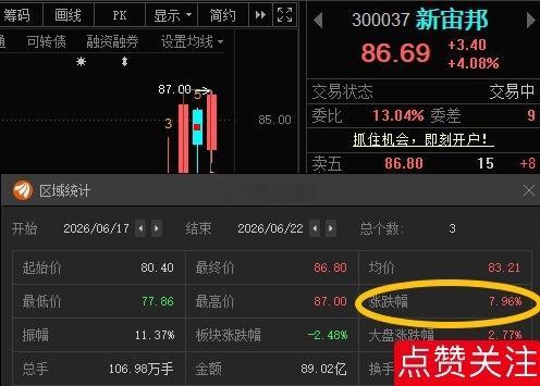 新宙邦300037📈开始发力，T+2涨幅7.96%