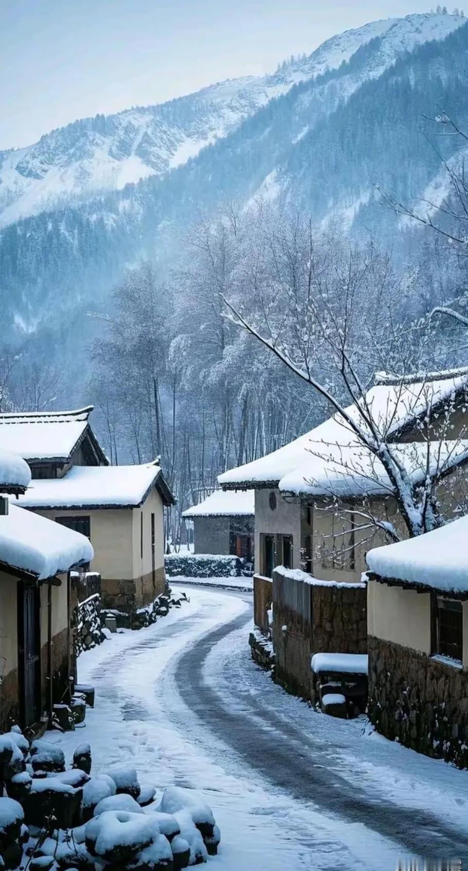 雪落寒村静，风过古道长。冬雪飘落。 雪景取代秋景