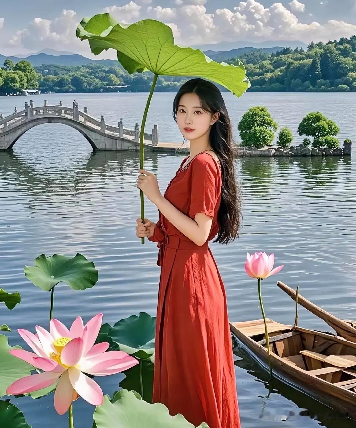 红裙执叶立湖畔，远山如黛水含烟，古典石桥映波心，一袭清丽晕染夏日江南的诗意画卷。