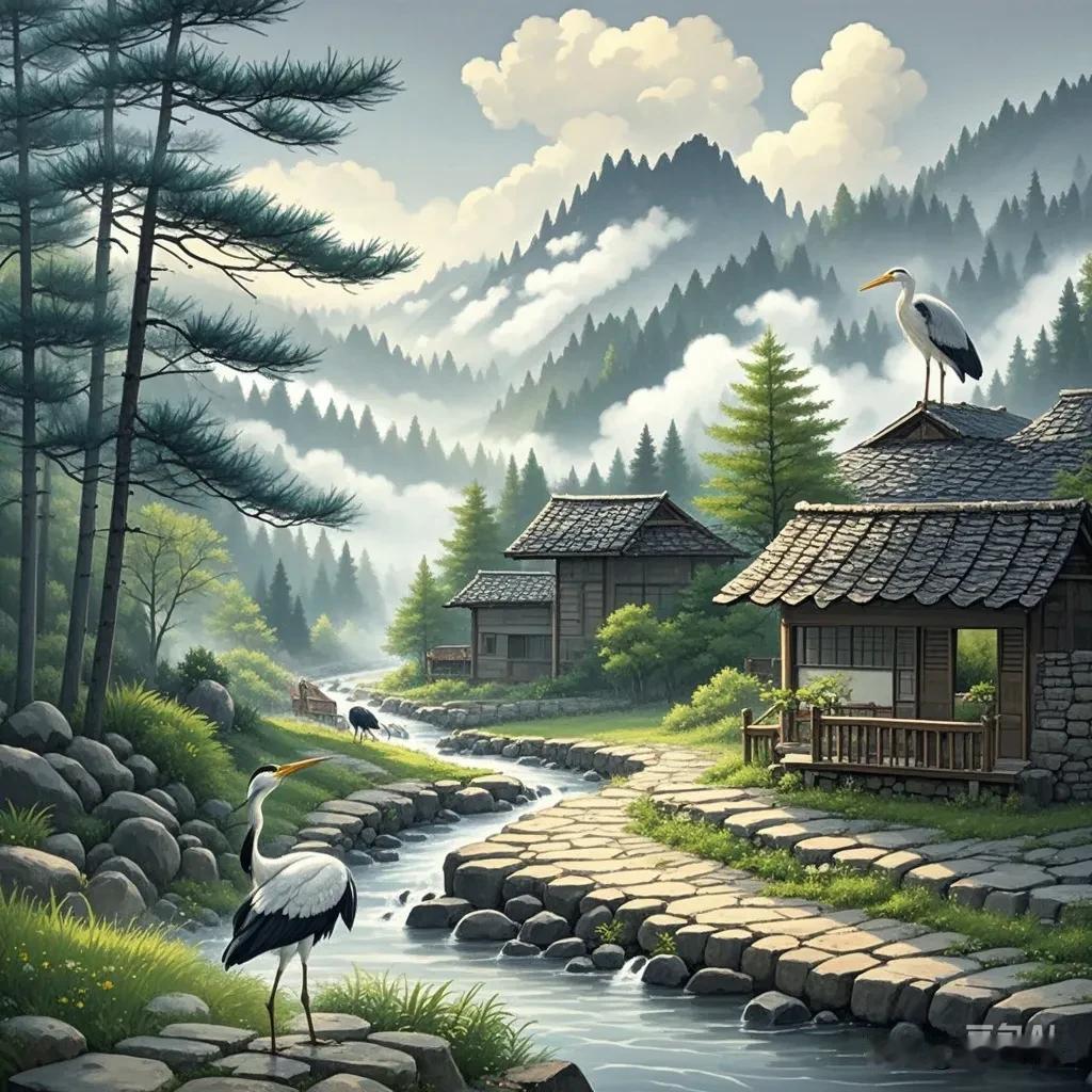 《山村晨景》
   白云缠绕山峦间，
   青松翠竹苍鹭现。
   小溪石桥山路
