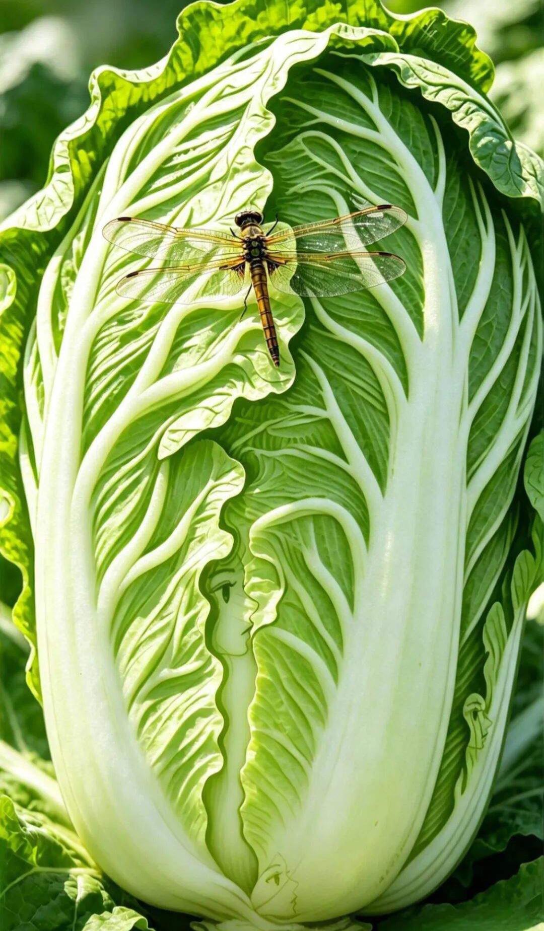 这颗大白菜的菜叶纹路里藏着三张人脸，一只蜻蜓静静停在菜叶上，田园氛围感拉满。
我
