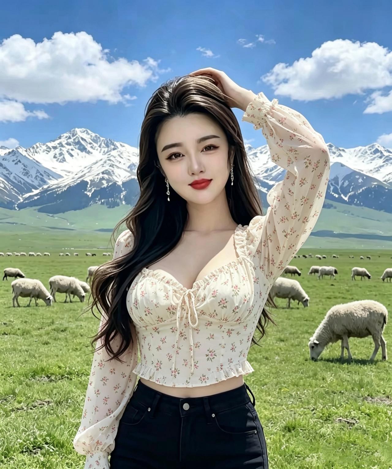 《草原与她》
 
雪山是远天的留白
羊群啃着云的影子
风从草尖漫过
吹开她发梢的