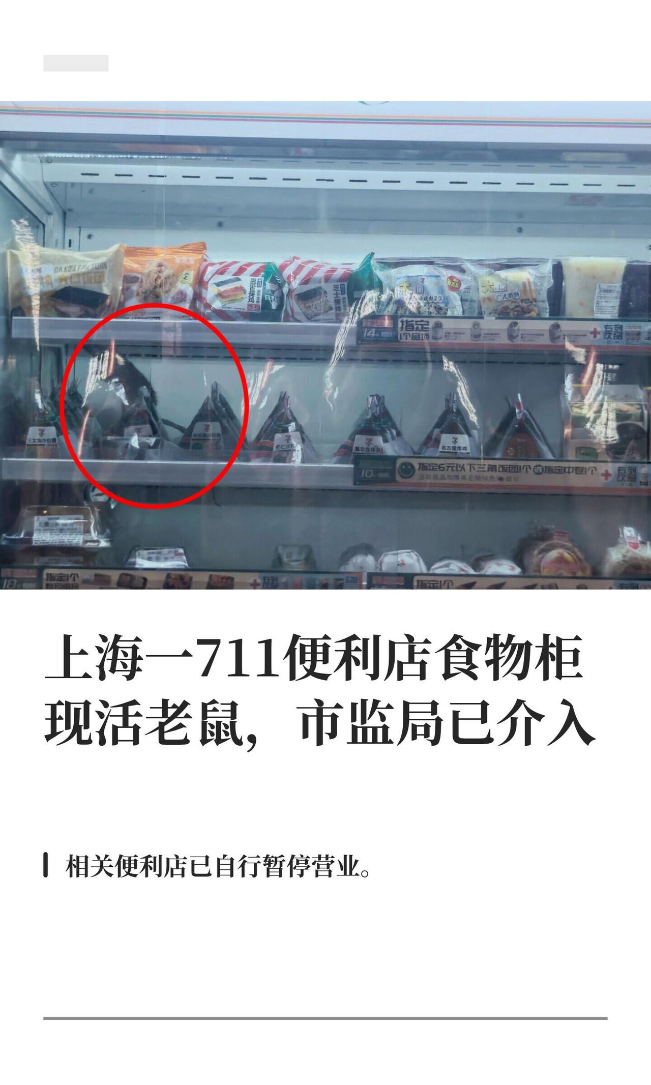 早上七点多，有人在南京西路地铁站那家7-11里，看见一只活老鼠直接趴食品柜里，边