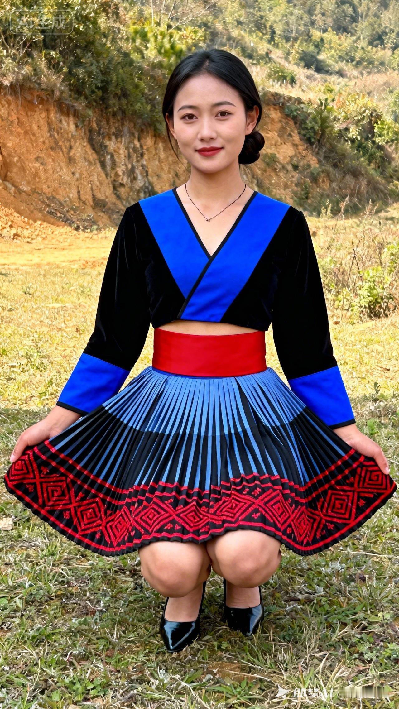 民族风穿搭，惊艳的蓝黑撞色，自然背景下的美丽瞬间。