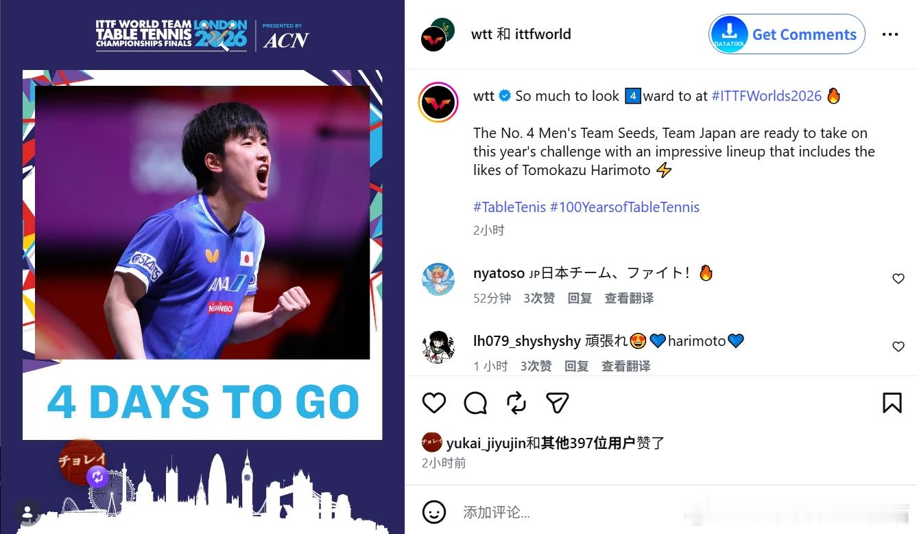 ITTF伦敦世乒赛2026张本智和 ITTF的伦敦世乒赛倒计时宣传，倒数第4天选