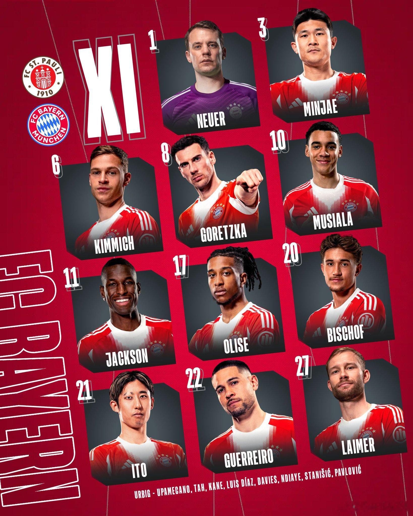 🚨拜仁客戰聖保利首發出爐🔥🔥🔥Neuer © -Laimer, Kim,