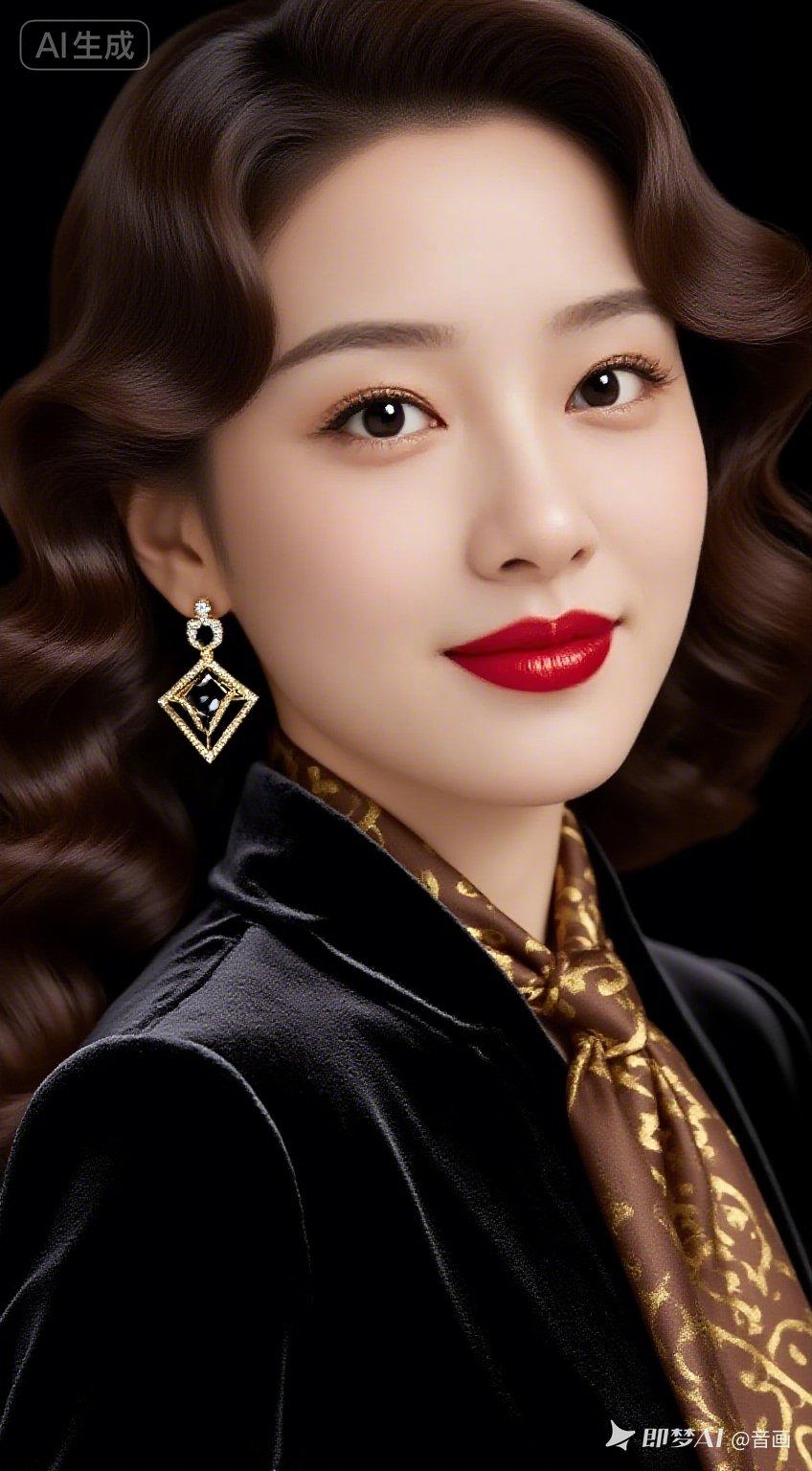 女性深棕大波浪蓬松卷发，黑金镶钻耳饰，黑丝绒修身衣装，棕底金纹复古丝巾。侧前半身