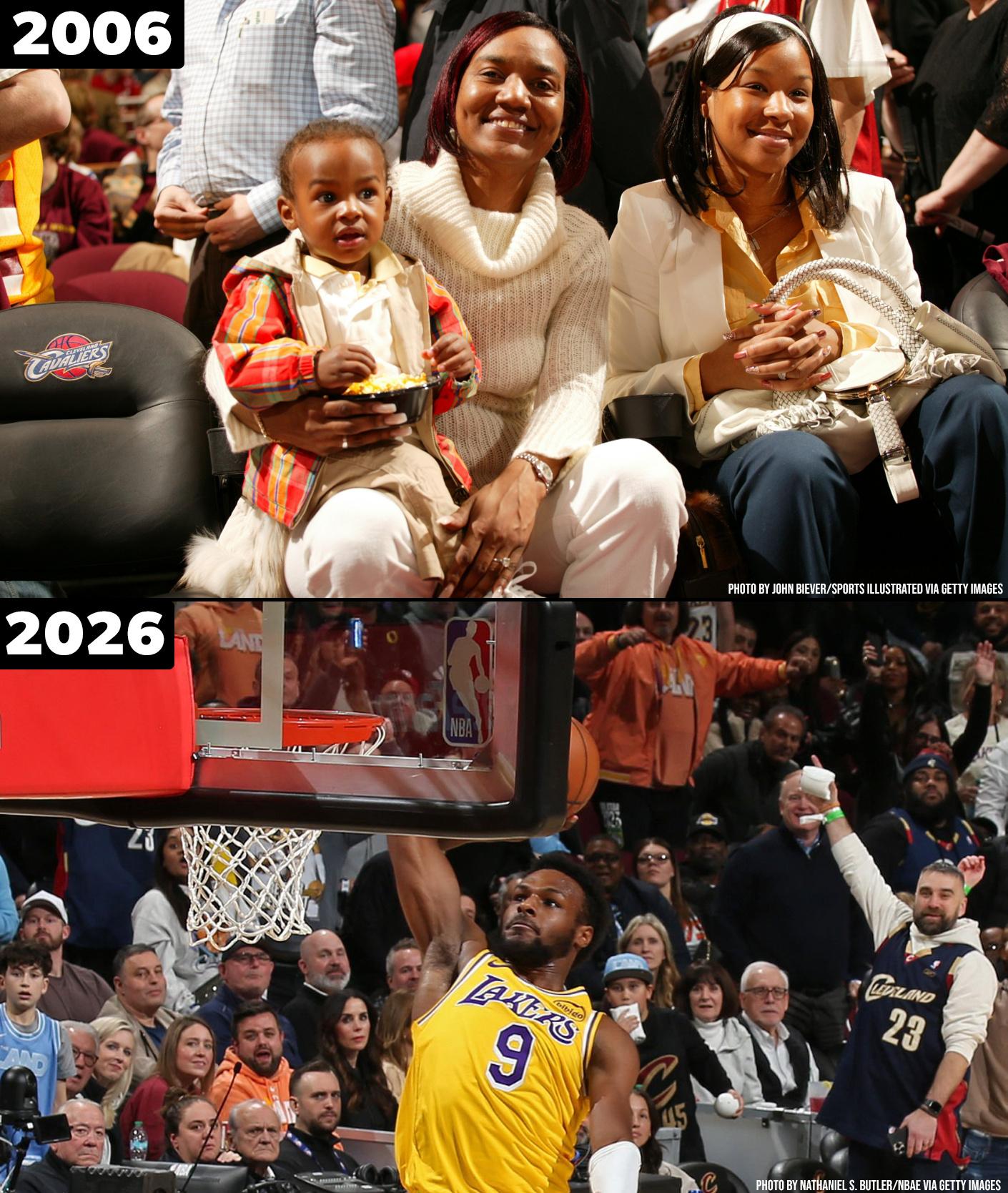 詹姆斯 20年前在克利夫兰，格洛丽亚·詹姆斯抱着孙子，观看她21岁的儿子在NBA