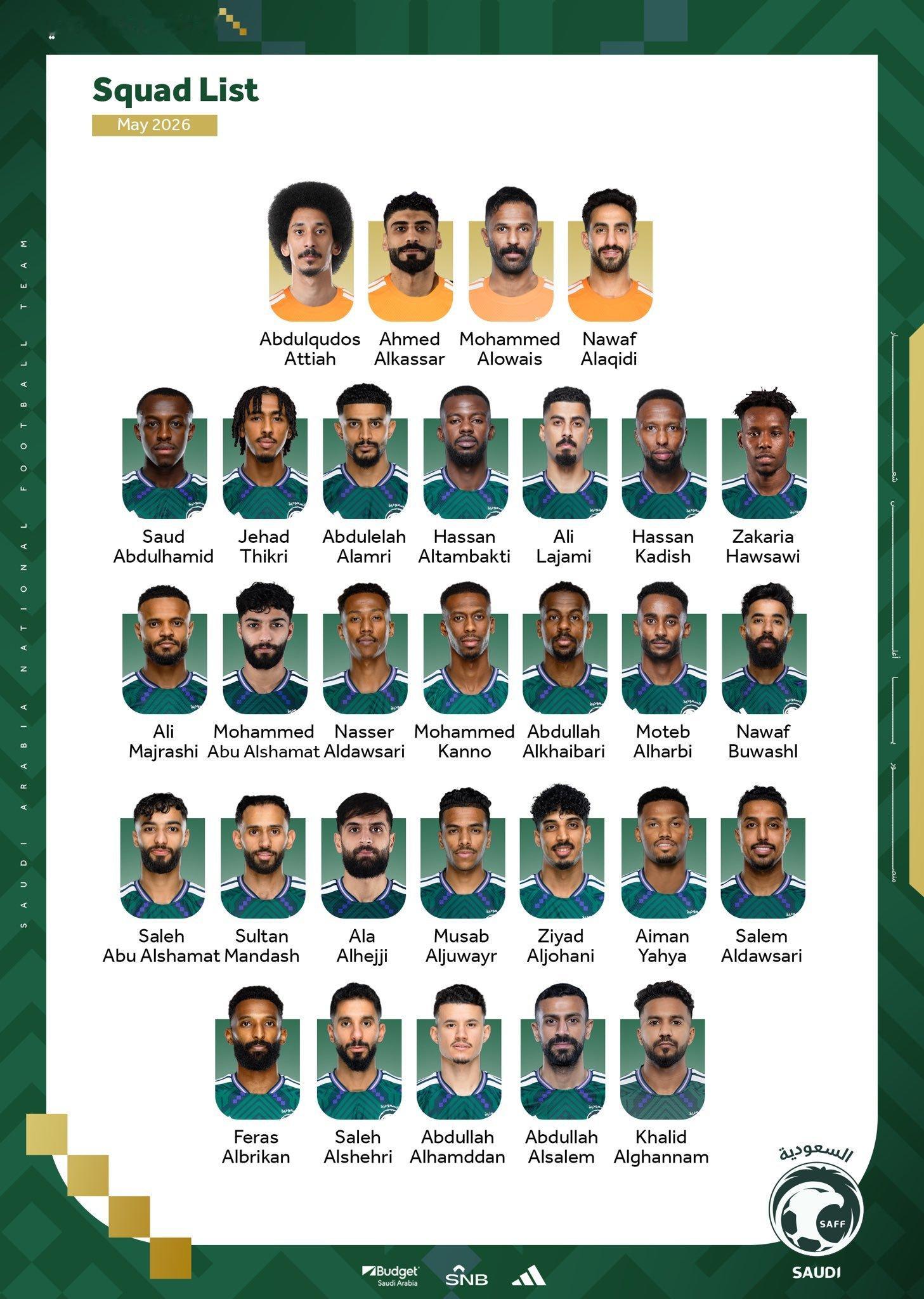 【官方】 沙特阿拉伯国家队公布2026年世界杯30人预选大名单。🇸🇦2026