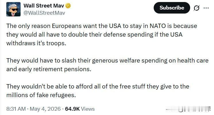 欧洲人想让美国留在北约，唯一的原因是：如果美国撤军，他们的国防开支就得全部翻倍。