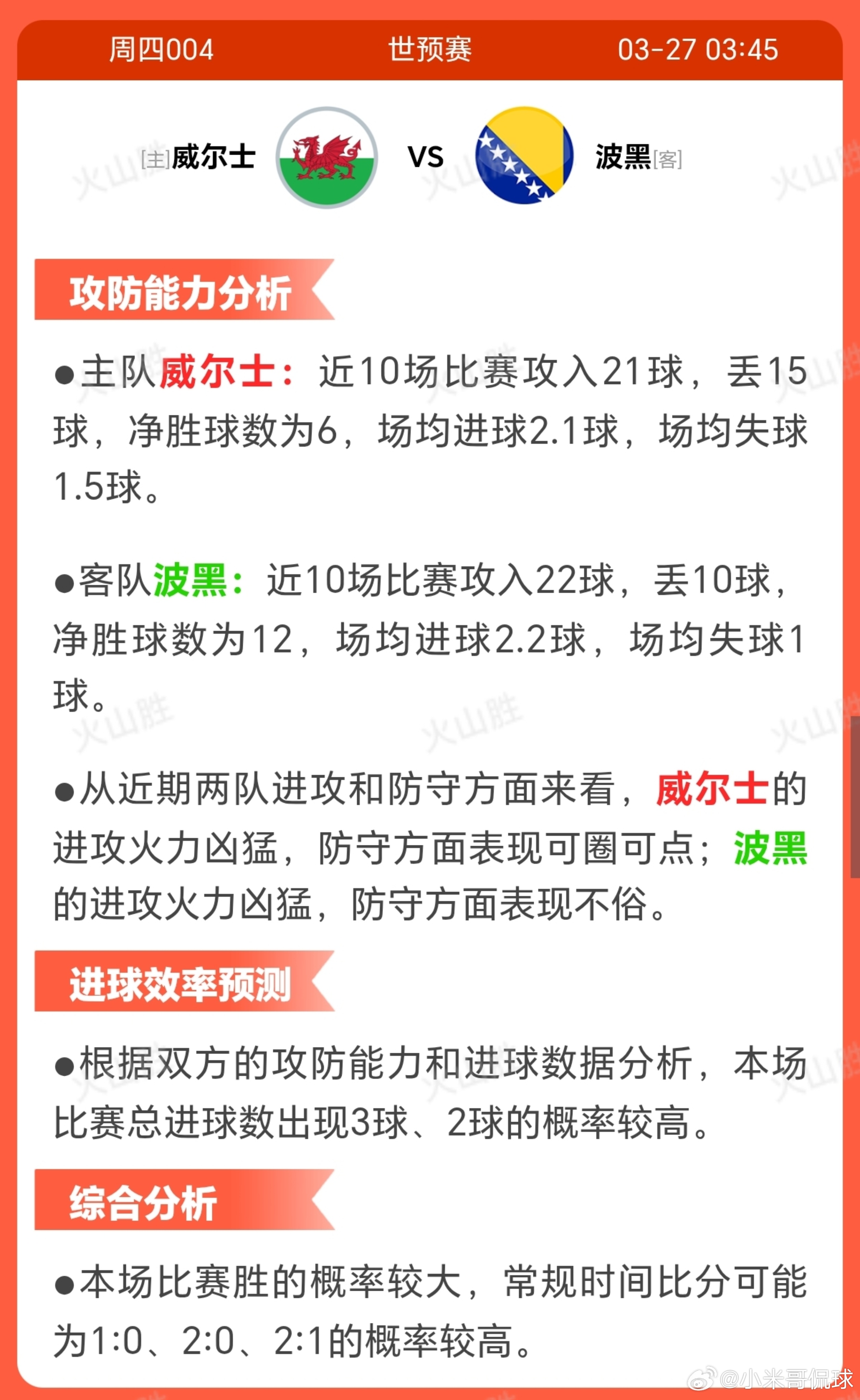 威尔士VS波黑威尔士近期状态呈现波动，十场赛事胜负各半，虽有一定胜率但缺乏持续稳
