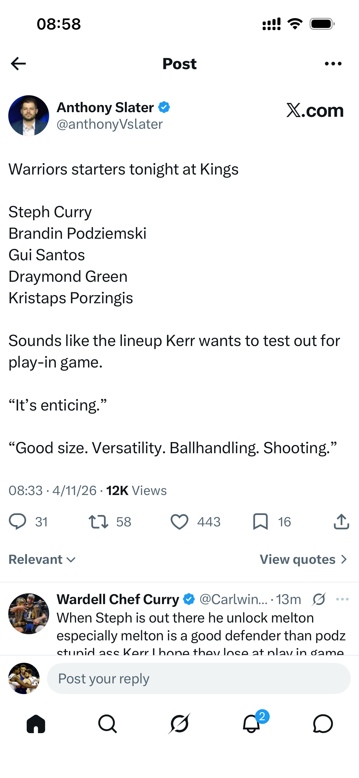 今晚勇士对阵国王的首发阵容：斯蒂芬·库里布兰丁·波杰姆斯基盖·桑托斯德雷蒙德·格