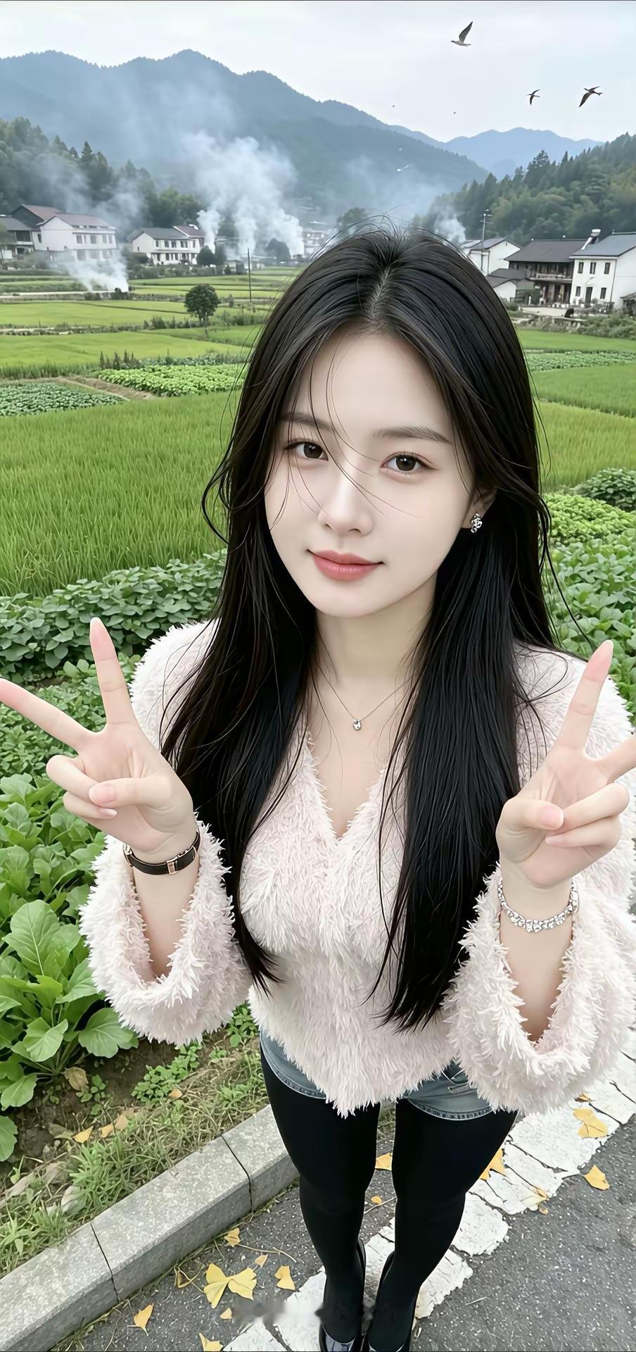 田园风光中的甜美少女，比出可爱的V字手势🌿💖每日晒出最美照片