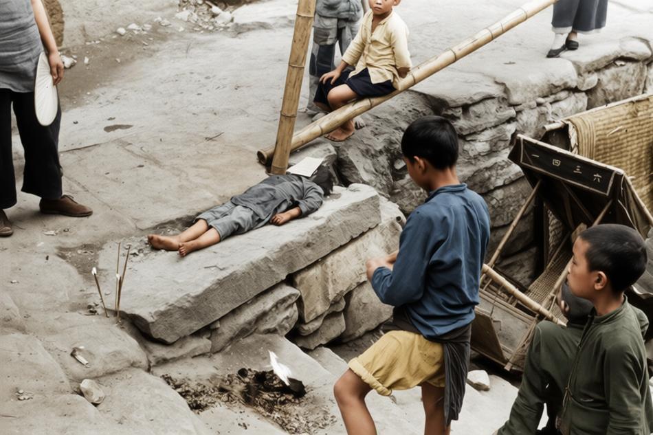 1940年9月，重庆的街巷废墟中，一名幼小的女孩躺在石板路上，已无生命迹象。她衣