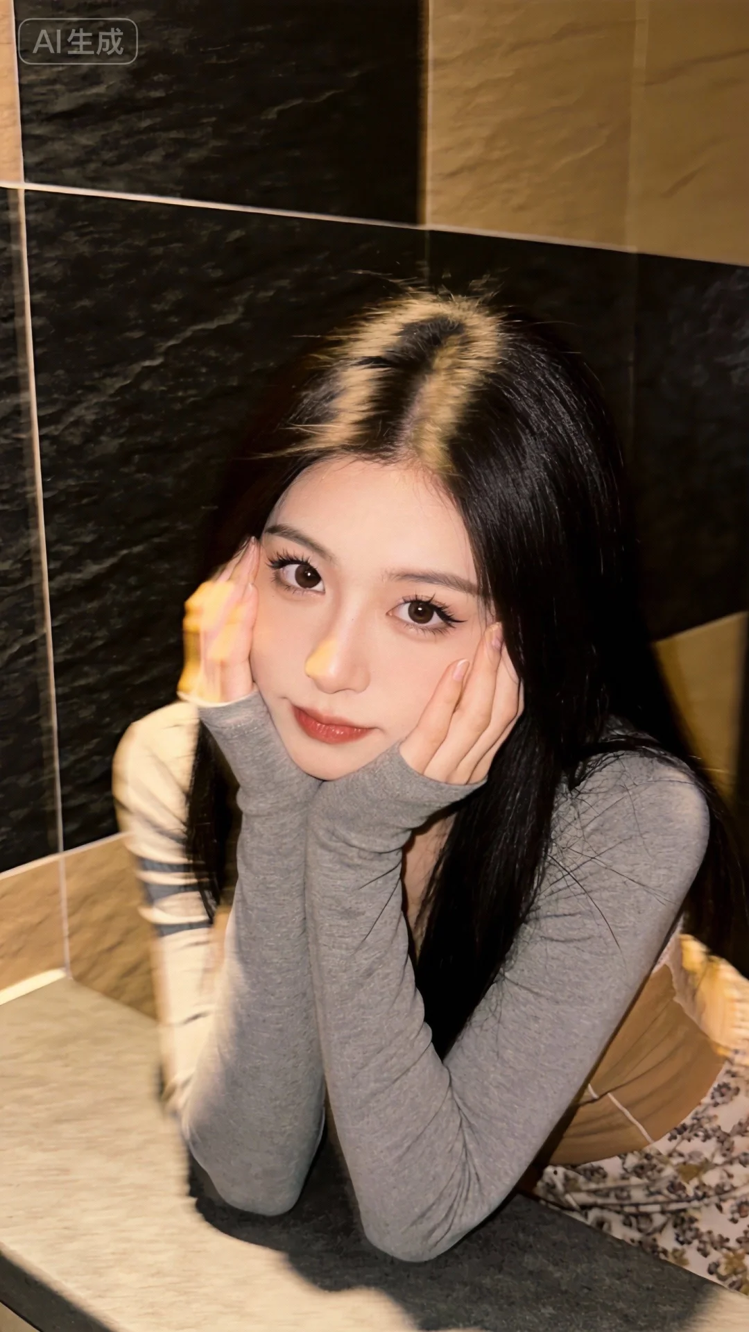 超高清，真人摄影，室内轻奢风场景，中国年轻女性，黑色长直发，鹅蛋脸，大...