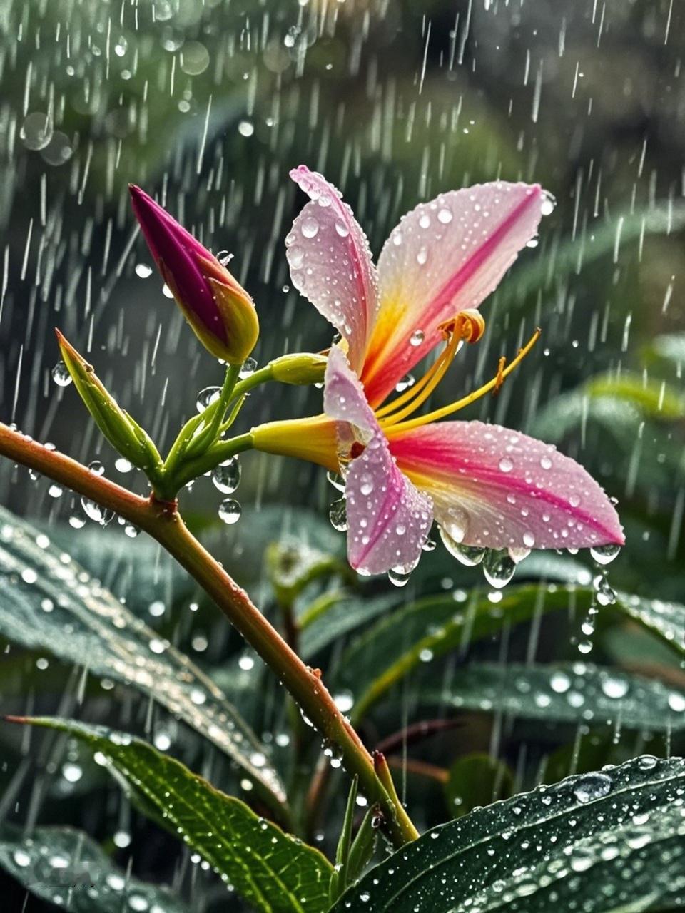 AI妙生图花逢细雨添娇美。