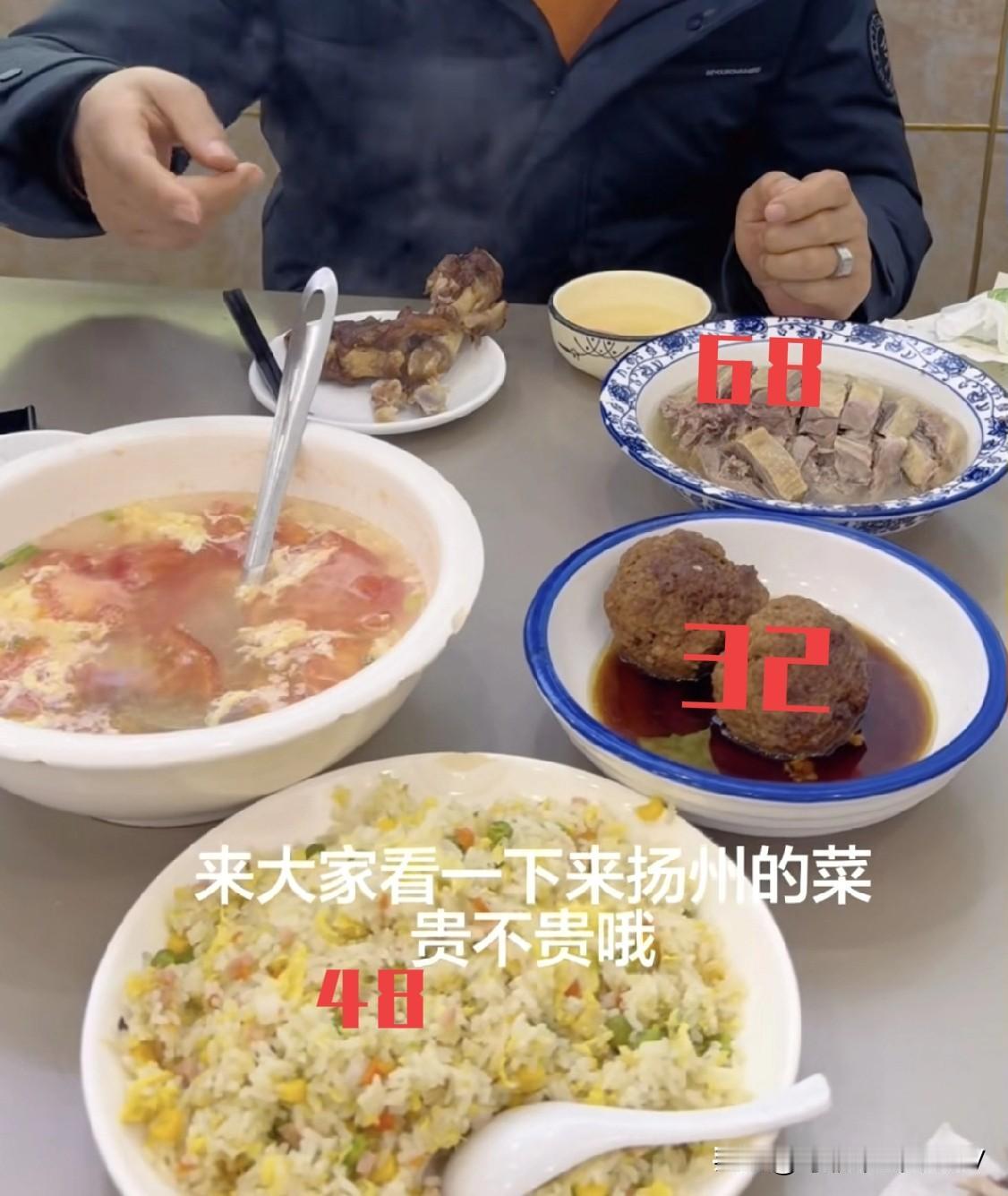 大家看看扬州的菜贵不贵，炒饭48元，老鵝68 元，两个狮子头32元