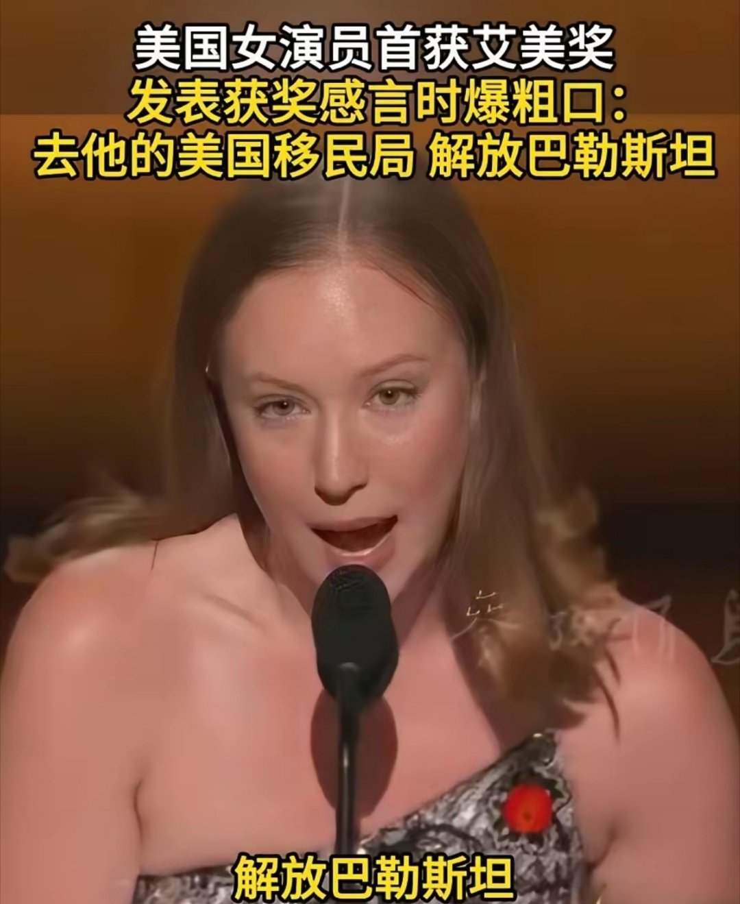 美国女演员凭借《绝望写手》获得艾美奖，发表获奖感言时说：去他的美国移民局，解放巴