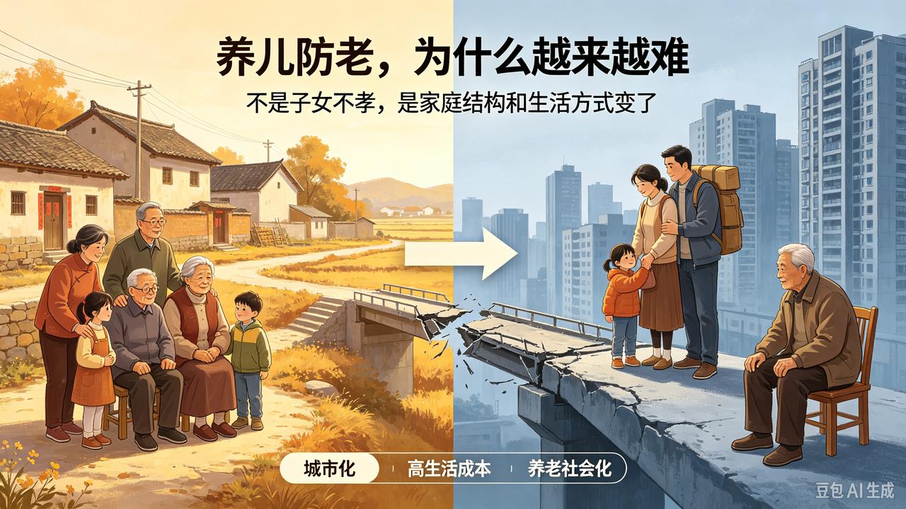 城市化背景下，传统“养儿防老”的根基，已经慢慢动摇
 
我一直觉得，很多人还在纠