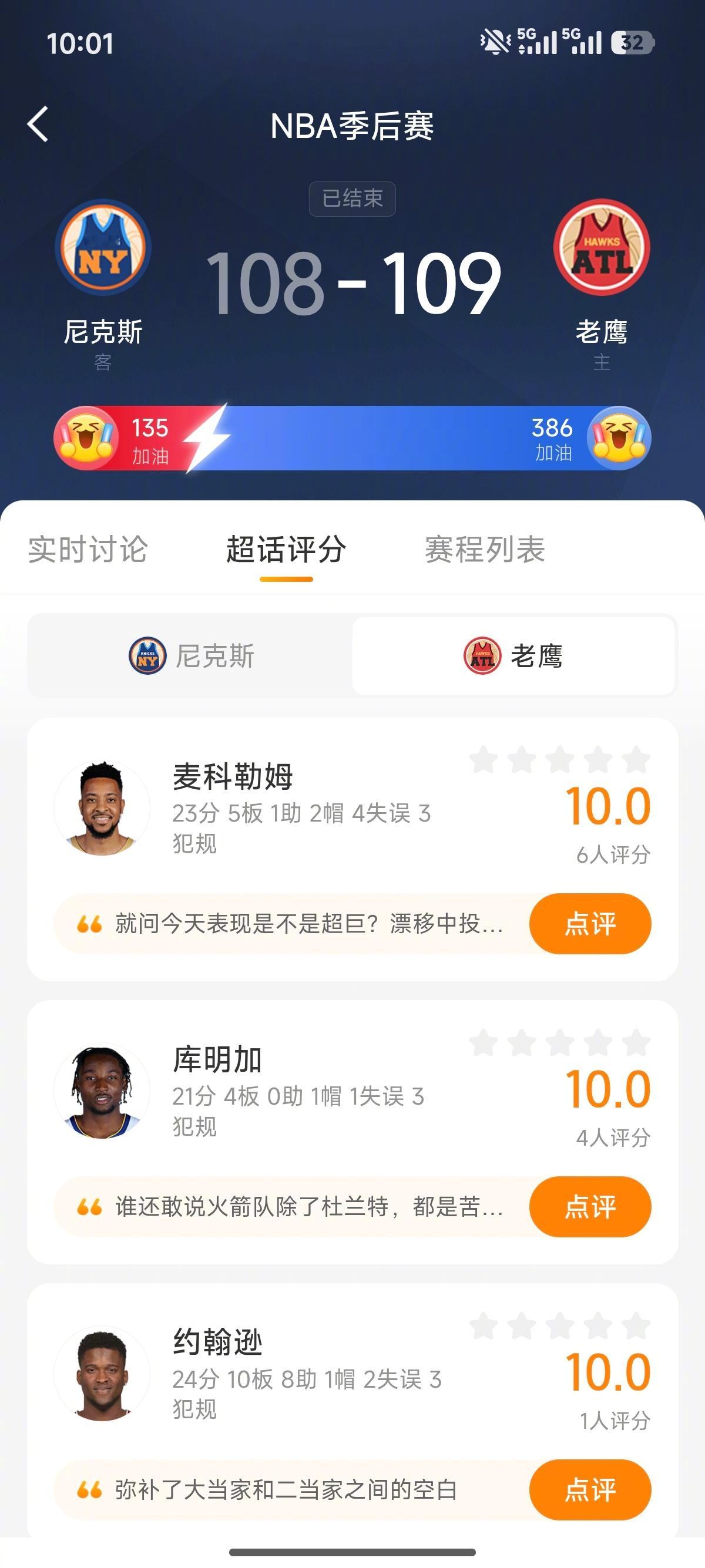 老鹰2比1尼克斯 恭喜老鹰队将大比分反超！一起来超话亚特兰大老鹰NBA为球员表现