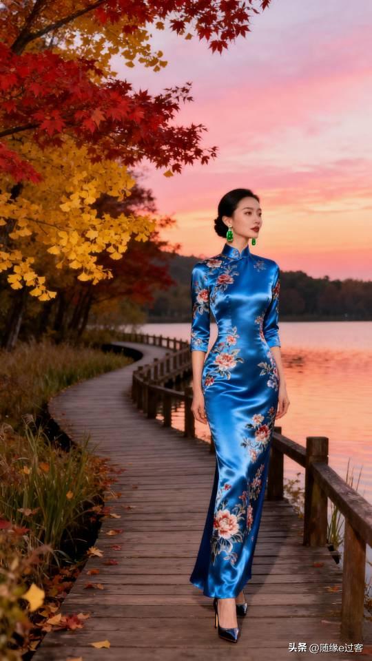 秋日漫步，蓝袍美人与红叶相映成趣袍。旗袍裙 美女壁纸