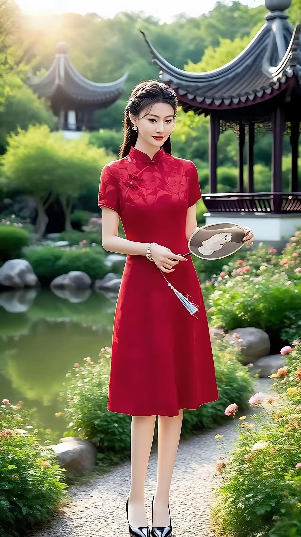 如梦令·亭边佳人
古亭翘檐黛瓦，
旁缀异草奇花。
红裙一丽人，
独立笑迎晚霞。