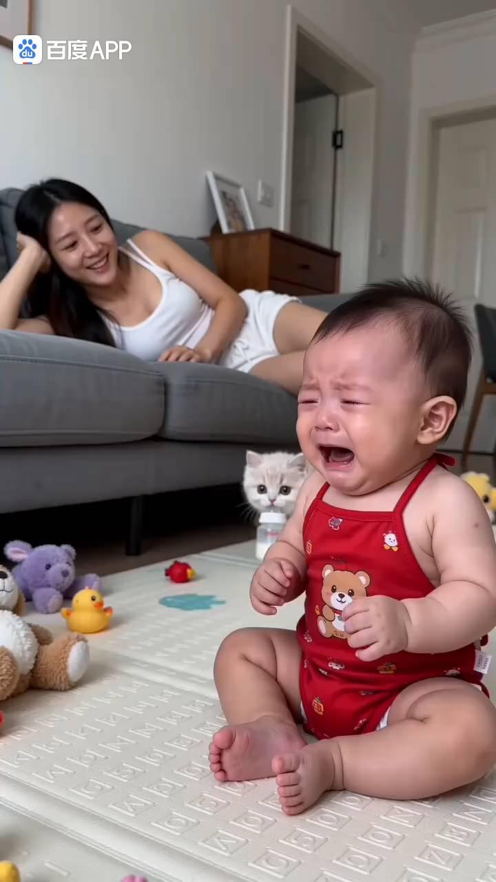 宝宝大哭瞬间妈妈心疼笑。